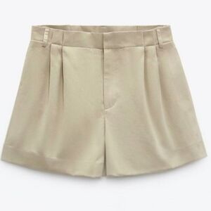 Zara Shorts High Waist Pleated Bermuda Style Light Beige Tan Womens Size XS